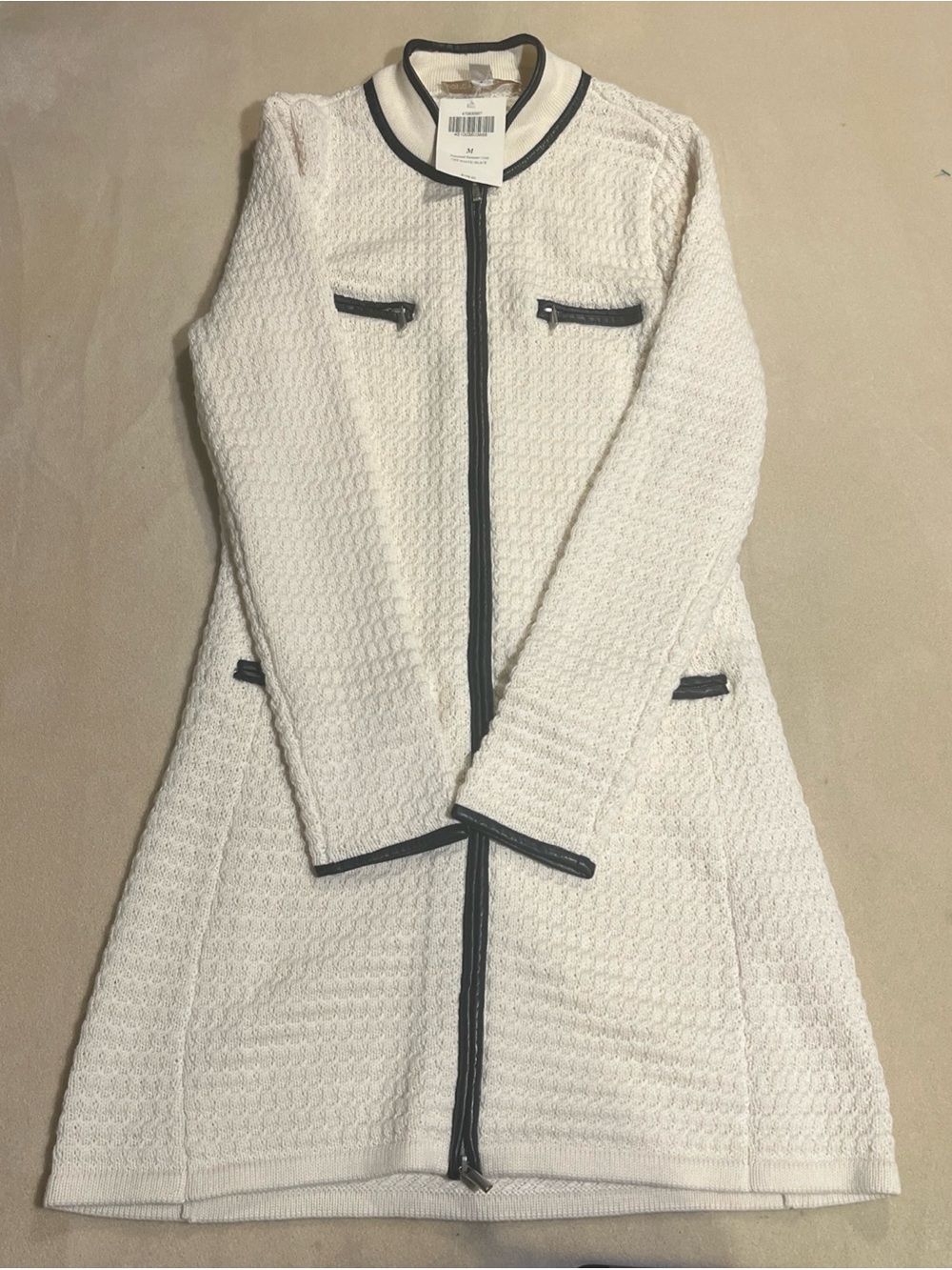 Boston Proper Cream Textured Zip-Front Sweater Coat with Black Trim